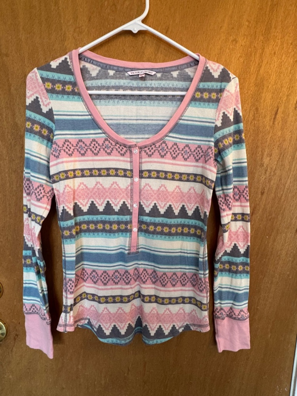 Victoria's Secret Pink & Blue Henley Long Sleeve Top & Bottoms